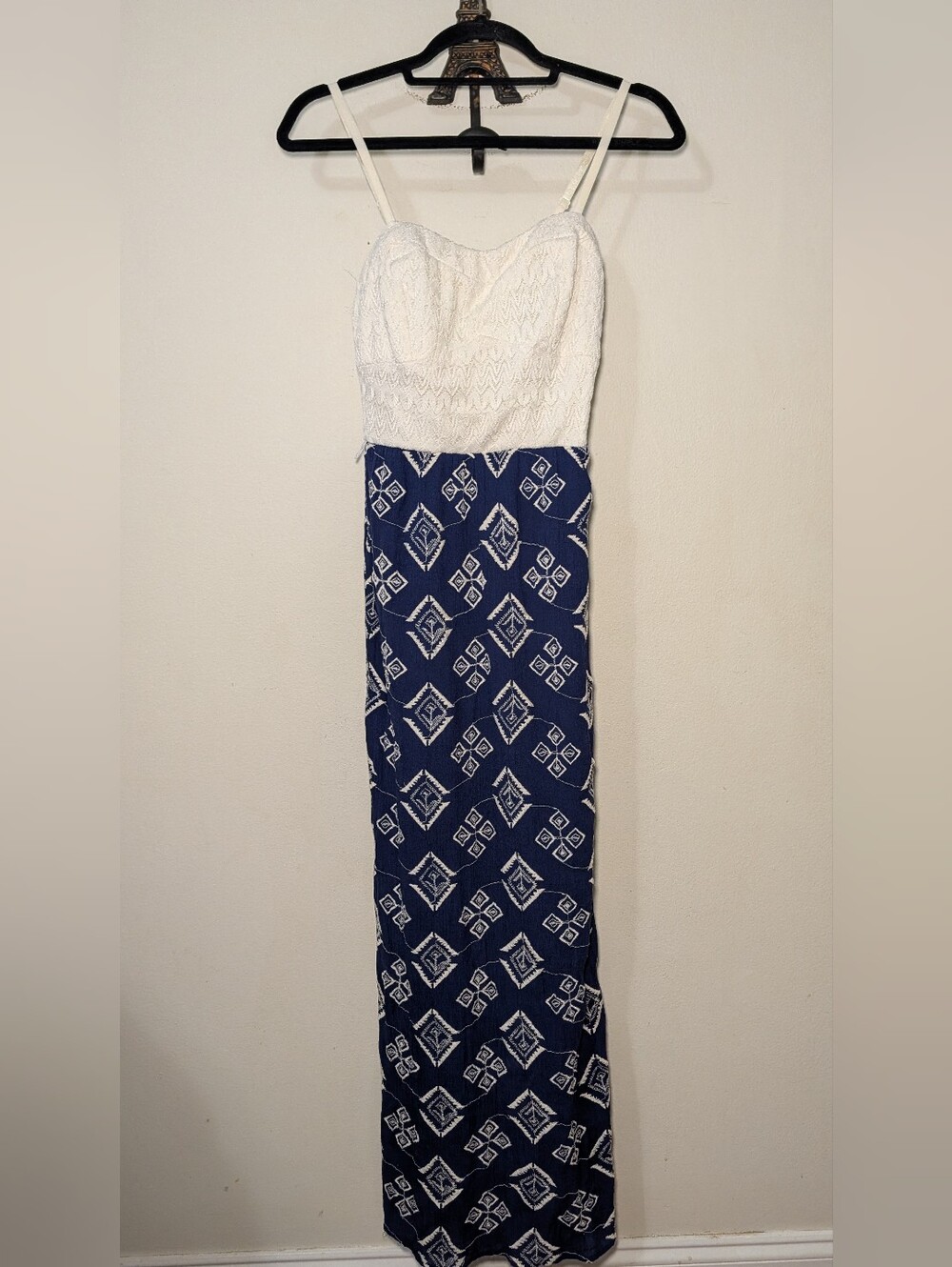 Lily Rose Embroidered Maxi Dress Blue ivory Lace Bodice Boho Women's Size S